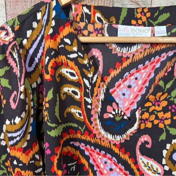 Belle Boho Kim Gravel Brown Paisley Blouse L Boho Floral Top Long Sleeve Office - Picture 3 of 6